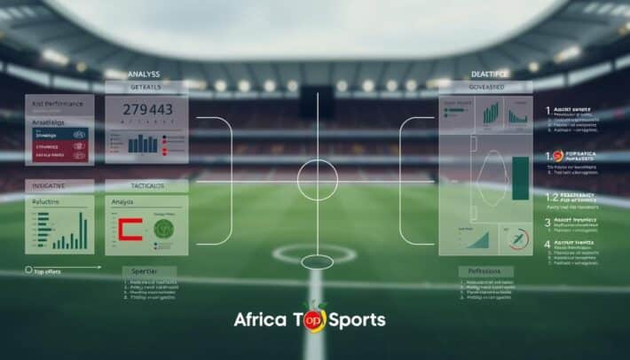 A detailed diagram of a football match analysis methodology, showcased in a clean, minimalist style. In the foreground, a series of interconnected data visualizations and analytical charts, depicting key performance metrics, strategic insights, and tactical patterns. The middle ground features a sleek, monochromatic interface with interactive controls and navigation elements, resembling a high-tech football analytics platform. In the background, a subtle backdrop of stadium architecture, blurred out to emphasize the analytical focus. The overall mood is one of precision, professionalism, and data-driven decision-making. Branding: "Africa Top Sports".