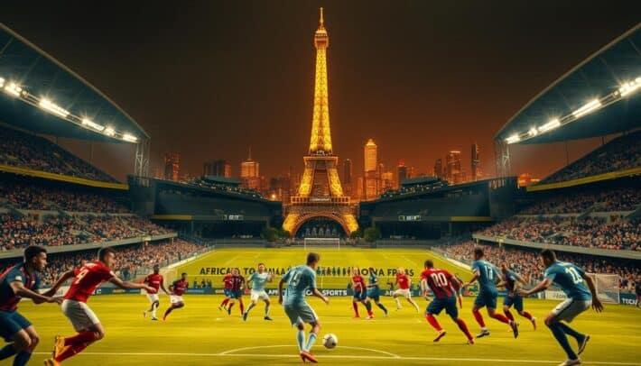 A detailed image of a football stadium in Paris, France, with teams combining their strategies and tactics on the field. The foreground showcases players in their team uniforms, engaged in intense gameplay, their movements captured with a sharp, cinematic lens. The middle ground features the stadium's architecture, including the iconic Eiffel Tower in the distance, bathed in a warm, golden lighting that creates a sense of dynamism and excitement. The background is a panoramic view of the city skyline, highlighting the vibrant energy of Paris. The overall atmosphere conveys the thrill and anticipation of a high-stakes football match, with the "Africa Top Sports" brand prominently displayed in the scene.