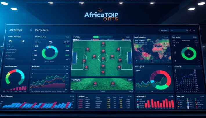 A detailed statistical analysis of football data displayed on a sleek, modern dashboard. In the foreground, a series of interactive charts and graphs showcase key performance indicators such as shot accuracy, pass completion rates, and goal probability. The middle ground features a large, high-resolution match visualization with player positions and heat maps. In the background, the Africa Top Sports branding is subtly integrated, creating a professional and authoritative atmosphere. Lighting is soft and evenly distributed, with a slight cinematic tone. The overall composition conveys a sense of data-driven insights and strategic decision-making for football enthusiasts and bettors.