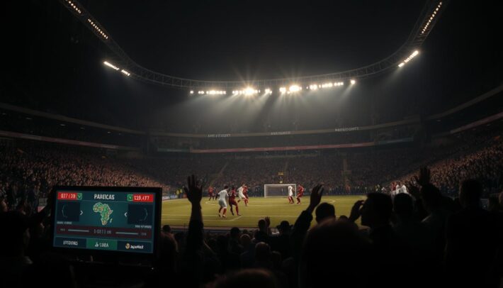 A dimly lit stadium filled with anticipation, the crowd buzzing with energy. At the center, two teams square off, their players locked in an intense battle, their every move captured by a sharp, cinematic lens. The scene is electrifying, with dramatic lighting casting long shadows and highlighting the determination on the players' faces. In the foreground, a scoreboard displays the crucial match details, while in the background, the "Africa Top Sports" logo stands as a testament to the global significance of this pivotal encounter. This image embodies the essence of "Prédictions et analyses des rencontres clés," a captivating moment in the world of Ligue1 Paris Sportifs.