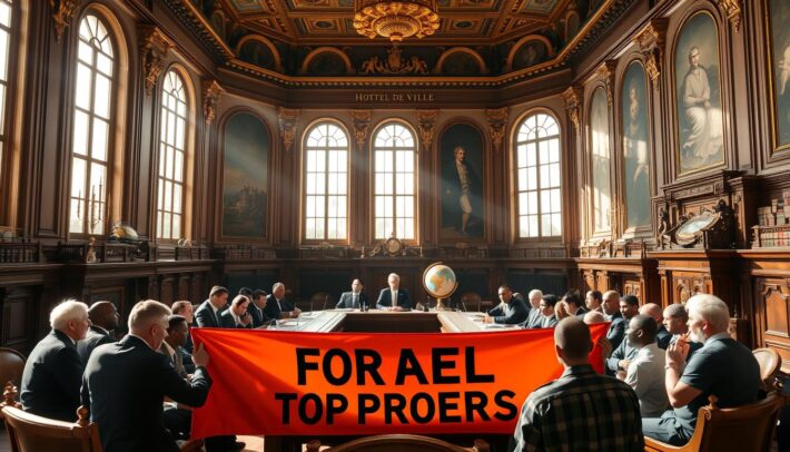 A grand, ornate meeting hall in central Paris, the Hôtel de Ville. Sunlight streams through tall windows, illuminating a council of distinguished figures seated around an ornate wooden table. Leather-bound books, candelabras, and a large globe adorn the room, exuding an air of intellectual gravitas. In the foreground, a group of football enthusiasts, carrying the "Africa Top Sports" banner, engage in lively discussion with the council members, presenting their case for the future of the sport in the city. The scene evokes a sense of tradition, power, and the intersection of sports, politics, and Parisian culture.