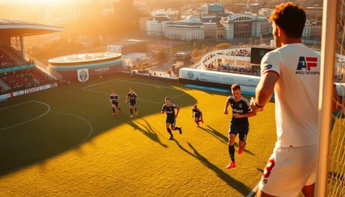 A high-angle view of the Ligue 1 football pitch, with players in dynamic action, their jerseys emblazoned with the "Africa Top Sports" logo. The field is bathed in warm, golden sunlight, casting long shadows across the grass. In the foreground, a close-up of the scoreboard displays the current match details and odds, reflecting the analysis and predictions of the "Ligue1 Paris Sportifs" article. The background features the iconic stadiums and architecture of the Ligue 1 landscape, hinting at the excitement and passion of the league. The overall mood is one of anticipation and strategic decision-making, capturing the essence of the "Analyse des pronostics et cotes des matchs de Ligue 1" section.