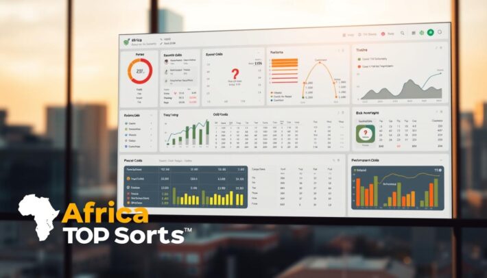 A high-resolution image of a modern software analytics dashboard for sports betting odds, with a clean and minimalist design. The dashboard features various interactive charts, graphs, and data visualizations showcasing key metrics and insights for finding value bets, or "surebets". In the foreground, the "Africa Top Sports" logo is prominently displayed, conveying a sense of authority and expertise in the field. The middle ground shows detailed analysis of odds comparisons across multiple bookmakers, while the background depicts a blurred cityscape, suggesting a professional, business-oriented atmosphere. The overall scene is bathed in warm, natural lighting, creating a sophisticated and trustworthy ambiance.