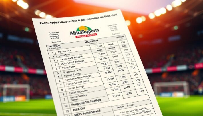 A high-resolution photograph of a football accumulator or "pari système" betting slip, displayed against a blurred background of a football stadium. The slip should be the focal point, with crisp details showcasing the various selections, odds, and potential payout information. Use a warm, subdued lighting to create a sense of anticipation and strategy. Incorporate the "Africa Top Sports" branding subtly in the background. The overall mood should reflect the flexibility and risks associated with accumulator bets, as described in the article section title.