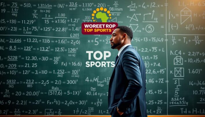 A highly detailed mathematical calculation in the foreground, with various mathematical symbols, variables, and equations displayed on a chalkboard or whiteboard backdrop. The lighting is soft and natural, creating a contemplative atmosphere. In the middle ground, a person in a suit and tie is standing, deep in thought, studying the calculations. In the background, the Africa Top Sports logo is prominently displayed, hinting at the connection to sports betting and maximizing gains. The overall scene conveys the intellectual rigor and importance of the mathematical foundations underlying surebet strategies.