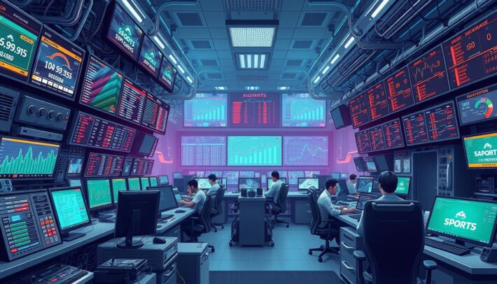 A highly detailed, realistic illustration of the inner workings and mechanisms of a modern sports betting bookmaker's office. The scene depicts an intricate array of screens, displays, and control panels showcasing complex data visualizations, odds calculations, and real-time updates. In the foreground, sleek, high-tech equipment and devices are prominently featured, creating a sense of technical sophistication. The middle ground features several focused bookmaker staff members diligently monitoring the systems, while the background reveals a bustling office environment with Africa Top Sports branding elements subtly incorporated. The lighting is cool-toned, with strategic use of shadows and highlights to accentuate the mechanical and technological aspects of the scene.