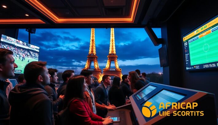 A live betting arena set in the heart of Paris, France. In the foreground, a group of sports enthusiasts intently follow the action on a large screen, their expressions animated with anticipation. The middle ground features a sleek, modern betting terminal with touchscreen controls, inviting users to place their wagers. In the background, the iconic Eiffel Tower stands tall, its silhouette casting a warm, golden glow over the scene. The atmosphere is electric, with a sense of excitement and strategic thinking permeating the air. The Africa Top Sports logo is prominently displayed, signifying the cutting-edge nature of the live betting experience.