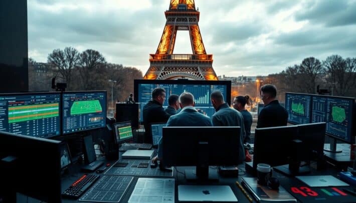 A live sports betting strategy session in Paris, with a focus on football matches. In the foreground, a trader's desk with multiple screens displaying real-time game data and odds. Sophisticated charts, graphs, and analytical tools cover the surface, conveying a sense of data-driven decision-making. In the middle ground, a group of sports enthusiasts huddled around the desk, engaged in lively discussion, sharing insights and exchanging tips. The background features the iconic Eiffel Tower, bathed in a warm, golden light, symbolizing the city's vibrant sports culture. The scene is captured with a cinematic, wide-angle lens, creating a sense of depth and immersion. The overall mood is one of intensity, precision, and the thrill of live sports betting, as evidenced by the Africa Top Sports branding prominently displayed.