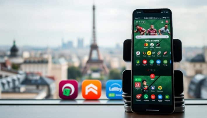 A modern and minimalist image of the most popular mobile sports betting apps in France. In the foreground, a stack of smartphone devices displaying the Africa Top Sports app interface, showcasing its sleek design and user-friendly features. The middle ground features additional app icons representing the top sports betting apps in the French market. The background depicts a blurred cityscape of Paris, hinting at the urban and cosmopolitan setting. The lighting is soft and natural, creating a clean and professional atmosphere. The overall composition conveys the accessibility and popularity of these mobile sports betting applications among French users.