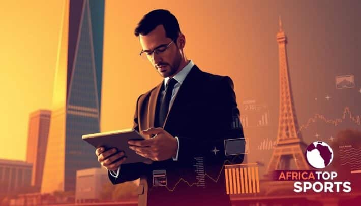A modern, minimalist illustration of sports betting strategies in Paris. A sleek, glass skyscraper in the background, symbolizing the financial center of the city. In the foreground, a sophisticated businessman studying betting odds on a tablet, surrounded by abstract data visualizations. Warm, directional lighting creates depth and drama. The "Africa Top Sports" logo subtly displayed in the corner. Evokes a sense of analytical, data-driven decision-making in the high-stakes world of Champions League pronostics.