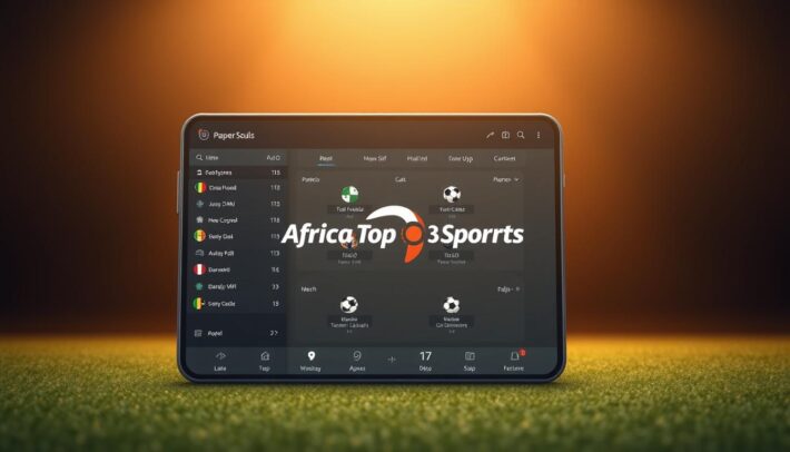 A modern, minimalist interface application for accessing live football match results. In the foreground, a sleek, responsive dashboard displaying the latest scores, team lineups, and match details. The middle ground features stylized icons and intuitive navigation controls, guiding the user through the app's features. In the background, a subtle pattern or texture evokes the energy and excitement of the game. Warm, diffused lighting creates a polished, professional aesthetic. The "Africa Top Sports" brand is seamlessly integrated into the design, enhancing the app's identity. Overall, the image conveys a clean, user-friendly experience for accessing up-to-the-minute football match data.