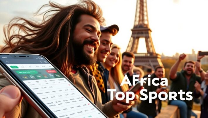 A modern mobile sports betting app set against the backdrop of the Eiffel Tower in Paris. The app's sleek user interface dominates the foreground, showcasing intuitive navigation and real-time betting odds. The middle ground features passionate sports fans eagerly engaging with the app, their expressions conveying the thrill of the game. In the background, the iconic Parisian skyline is bathed in warm, golden afternoon light, creating a sense of energy and excitement. The "Africa Top Sports" brand is prominently displayed, reflecting the app's global appeal and cutting-edge technology.
