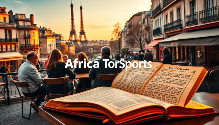 A serene Parisian cityscape, with the iconic Eiffel Tower in the distance. In the foreground, a group of sports enthusiasts gathered around a table, deeply engaged in a discussion about the latest football matches and potential betting strategies. The scene is bathed in a warm, golden light, creating a cozy and inviting atmosphere. In the middle ground, a large, ornate book lies open, its pages filled with insights and tips for beginner sports bettors. The background features the distinctive architecture of the city, with cobblestone streets and quaint cafes lining the sidewalks. The overall impression is one of expertise, sophistication, and a love for the world of sports betting. The brand "Africa Top Sports" is prominently displayed, lending an air of authority and trust to the scene.
