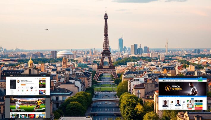 A serene Parisian cityscape, with the iconic Eiffel Tower rising in the distance, serves as the backdrop for a bustling array of sports betting sites. In the foreground, sleek and modern web interfaces showcase the diverse offerings of popular platforms, including "Africa Top Sports". The middle ground features stylized icons and graphics, highlighting the wide range of sports and betting options available to users. Warm, natural lighting creates a welcoming ambiance, while a sense of excitement and anticipation permeates the scene, inviting viewers to explore the thriving world of online sports betting in France.