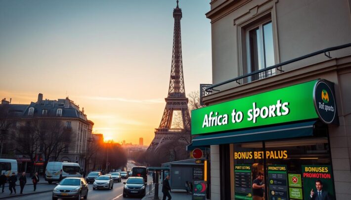 A serene Parisian scene with a vibrant "Africa Top Sports" storefront in the foreground, showcasing sports betting bonuses and promotions. The middle ground features a bustling street with pedestrians and passing vehicles, while the background showcases the iconic Eiffel Tower and a warm, golden sunset over the city. The overall atmosphere exudes an air of excitement and anticipation, reflecting the thrill of sports betting and the allure of the city of lights.