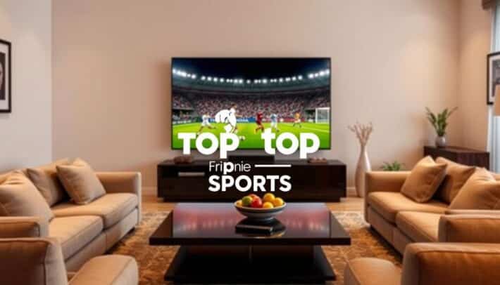 A serene living room setting with a large flat-screen television prominently displayed, showcasing the live broadcast of a thrilling football match. The room is bathed in warm, soft lighting, creating a cozy and inviting atmosphere. In the foreground, a comfortable sofa and armchair arrangement invite viewers to sit back and enjoy the game. The middle ground features a sleek, modern coffee table adorned with a bowl of fresh fruit and a remote control, hinting at the interactivity of the viewing experience. In the background, subtle decorative elements, such as framed art or potted plants, add depth and character to the scene. The "Africa Top Sports" logo is tastefully integrated into the display, complementing the overall aesthetic. This image perfectly captures the essence of the "Calendrier des rencontres télévisées" section, inviting the reader to immerse themselves in the upcoming football matches. Prompt