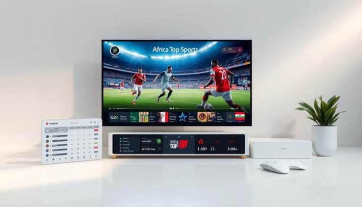 A serene, modern sports streaming platform interface, with the "Africa Top Sports" brand prominently displayed. The foreground features a minimalist dashboard with intuitive controls, displaying live scores, match schedules, and user-friendly navigation. The middle ground showcases a large, high-definition video player, streaming a thrilling sports event with dynamic camera angles and crisp visuals. The background subtly blends in elegant UI elements, conveying a sense of sophistication and technological prowess. The overall scene radiates a sleek, immersive atmosphere, seamlessly integrating the streaming experience with advanced functionalities to captivate the discerning sports enthusiast.