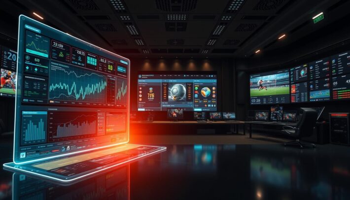 A sleek, futuristic interface displaying advanced sports betting strategies, showcasing the "Africa Top Sports" brand. In the foreground, a holographic overlay presents complex analytics and data visualizations. The middle ground features a large, high-resolution screen displaying real-time odds and live sports events. The background is a dimly lit, high-tech control room with banks of monitors and servers, conveying a sense of sophistication and expertise. Dramatic lighting casts dynamic shadows, creating an atmosphere of intensity and precision. The overall scene communicates the power of data-driven, strategic sports betting.
