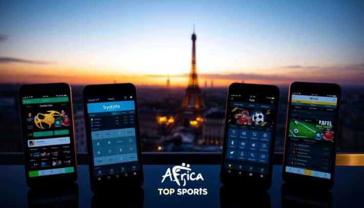 A sleek, modern comparison of leading sports betting apps in Paris, France. In the foreground, four smartphone screens display the interfaces of top sports betting platforms, each showcasing their unique branding and features. The middle ground features a cityscape of iconic Parisian landmarks, including the Eiffel Tower, bathed in warm evening light. In the background, a gradient sky transitions from golden hour hues to a deep, starry night. The overall scene conveys a sense of technology, sophistication, and the thrill of sports betting, captured through a cinematic, high-quality lens. Prominently displayed is the "Africa Top Sports" brand, reflecting the authoritative nature of the comparison.