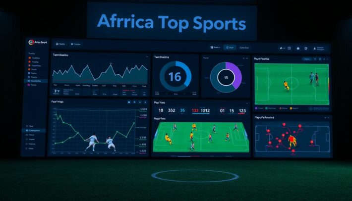 A sleek, modern football performance dashboard displayed on a large, high-resolution display. The dashboard features an array of dynamic visualizations, including line graphs charting team statistics over time, radar charts comparing player performance metrics, and interactive heat maps tracking player positioning and movement on the pitch. The interface is clean and intuitive, with a dark color scheme and minimalist design elements that evoke a sense of precision and professionalism. The backdrop features the "Africa Top Sports" brand, adding an authoritative and reputable presence to the scene. Lighting is soft and even, creating depth and dimension within the digital tableau. The overall mood is one of analytical rigor and data-driven insights, perfectly suited to illustrate the techniques and tools used in football performance analysis.