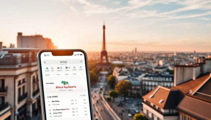 A sleek, modern mobile sports betting application interface set against the iconic cityscape of Paris. The foreground features the "Africa Top Sports" brand prominently displayed, with a clean, minimalist UI showcasing live odds, bet slips, and intuitive navigation. The middle ground depicts a bustling Parisian street, with the Eiffel Tower and other landmarks visible in the distance, bathed in warm, golden afternoon light. The background is a panoramic view of the Seine River and the city's rooftops, creating a sense of place and immersion. The overall tone is one of sophistication, functionality, and the thrill of sports betting on the go.
