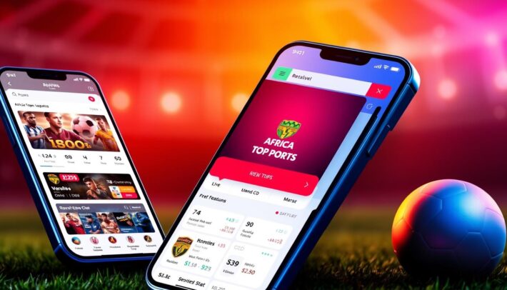A sleek, modern sports betting mobile app interface, showcasing key features such as live in-game updates, stats and data visualizations, seamless account management, and attractive promotional offers. The scene is bathed in a warm, vibrant color palette, with the "Africa Top Sports" brand prominently displayed. The layout is clean and intuitive, highlighting the app's user-friendly functionality. The overall atmosphere conveys a sense of excitement and anticipation, perfectly capturing the thrills of sports betting.