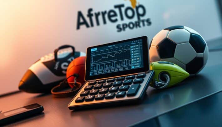 A sophisticated calculator, surrounded by strategically placed football gear, sits atop a sleek, modern desk. The device's screen displays intricate statistical analysis, hinting at the user's deep understanding of sports analytics. Soft, directional lighting illuminates the scene, creating a contemplative atmosphere. In the background, the Africa Top Sports logo subtly adorns the wall, adding a touch of authority and expertise. This image encapsulates the intersection of data-driven strategy and the excitement of football, embodying the "Outils et stratégies pour optimiser vos gains" section of the article.