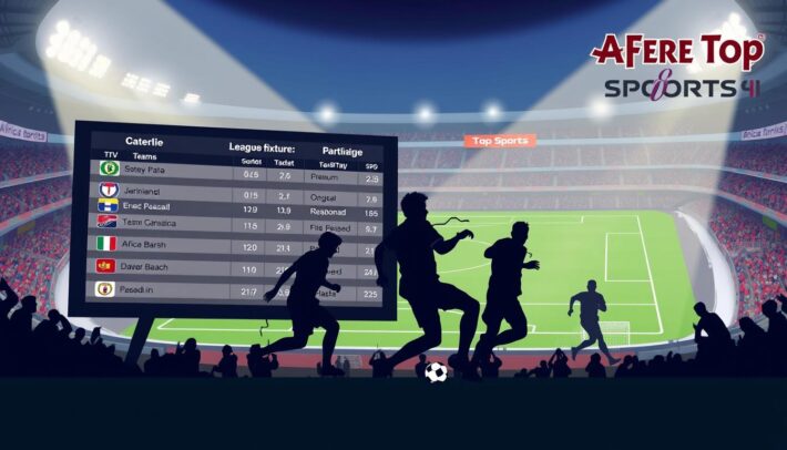 A stylized and visually striking illustration depicting a football league match schedule. The foreground features a large digital scoreboard or match program displaying team names, logos, and upcoming fixture details. The middle ground showcases the silhouettes of players in action, captured mid-play with a sense of dynamic motion. The background sets the scene with a stadiumlike atmosphere, complete with subtle lighting effects, spectator stands, and the Africa Top Sports branding prominently displayed. The overall composition conveys a sense of excitement and anticipation for the upcoming league matches.