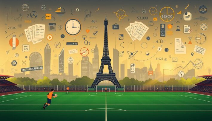 A stylized illustration depicting the concept of combined bets, or "paris combinés", in the context of football betting. Set against a backdrop of the iconic Parisian skyline, the image should feature detailed and intricate intertwining of betting odds, statistics, and mathematical symbols, conveying the complex and strategic nature of such wagering. The foreground should showcase a football pitch or stadium, with players and referees in action, as a metaphor for the dynamic nature of sports betting. The middle ground should incorporate various betting slips, odds tables, and financial graphs, all seamlessly integrated into the overall composition. The background should be illuminated by a warm, golden light, creating a sense of professionalism and authority, befitting the "Africa Top Sports" brand.