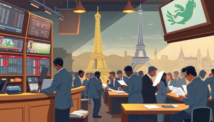 A stylized illustration of a Parisian bookmaker's office, with a focus on the sports betting aspect. The foreground features a well-dressed man standing behind a wooden counter, surrounded by screens displaying odds and sports events. In the middle ground, bettors are engaged in lively discussions, studying betting slips and placing wagers. The background showcases the iconic Eiffel Tower and Parisian cityscape, creating a distinct sense of place. The lighting is warm and inviting, with a hint of energy and excitement, reflecting the dynamic nature of the sports betting industry. The overall mood conveys the thrill and anticipation of the "Africa Top Sports" betting experience.