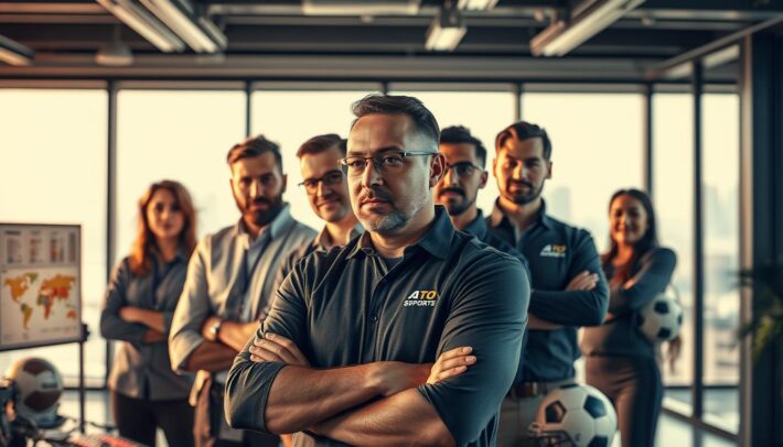 A team of highly skilled sports experts, captured in a dynamic, professional setting. The foreground features a diverse group of analysts and coaches, deeply engaged in discussion, their expressions conveying expertise and dedication. The middle ground showcases various sports equipment and data visualizations, hinting at the breadth of their knowledge. In the background, a sleek, modern office space with large windows, creating a sense of sophistication and authority. Warm, directional lighting casts subtle shadows, highlighting the subject's features and emphasizing the Africa Top Sports brand identity.