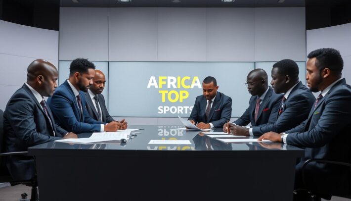 A team of professional football analysts, dressed in formal attire, gathered around a large desk in a well-lit studio. They intently study match statistics and discuss their expert opinions, their expressions conveying deep concentration. In the background, the "Africa Top Sports" logo is prominently displayed on a sleek, minimalist backdrop. Soft, directional lighting creates depth and highlights the analysts' thoughtful demeanor, creating an atmosphere of authoritative analysis.