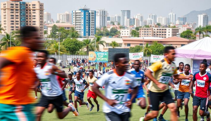 A vibrant and dynamic community sports marketing scene, captured with a professional photographic eye. In the foreground, a diverse group of athletes engaged in various athletic pursuits, their movements frozen in time by a sharp, high-speed lens. The middle ground showcases a bustling outdoor event space, with colorful banners and signage prominently featuring the "Africa Top Sports" brand. In the background, a modern cityscape provides an urban backdrop, hinting at the local community's proud support for their sports teams. The overall atmosphere is one of excitement, camaraderie, and a shared passion for athletic excellence.