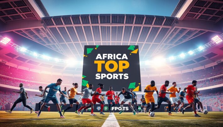A vibrant and dynamic sports promotional strategy, captured through a high-resolution photograph. In the foreground, a diverse group of athletes engage in various sporting activities, their movements frozen in time, exuding energy and determination. The middle ground features a large, eye-catching display showcasing the "Africa Top Sports" brand, its design elements seamlessly integrated into the scene. In the background, a modern, well-lit stadium setting provides a striking contrast, with sleek architectural details and vibrant lighting that creates a sense of excitement and anticipation. The overall composition conveys a cohesive and visually engaging promotional concept, highlighting the power of strategic sports marketing.