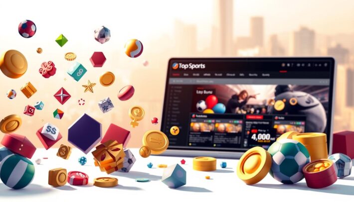 A vibrant, detailed illustration showcasing the various types of bonuses offered by online bookmakers. In the foreground, a diverse array of bonus icons and symbols float against a crisp, white backdrop, capturing the excitement and variety of promotions. In the middle ground, a sleek, modern bookmaker interface with the "Africa Top Sports" brand prominently displayed. The background features a soft, blurred cityscape, hinting at the global, connected nature of the online betting industry. The scene is bathed in warm, directional lighting that casts subtle shadows, creating depth and dimensionality. The overall composition conveys a sense of professionalism, dynamism, and the wide range of incentives available to bettors.