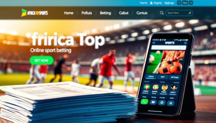 A vibrant online sports betting website with the name "Africa Top Sports" prominently displayed. In the foreground, a stack of betting slips and a sports betting app on a mobile device, conveying the excitement and convenience of online gambling. In the middle ground, a blurred background of sports stadiums and athletes, hinting at the wide range of events available for wagering. The overall scene is bathed in a warm, golden light, creating a sense of anticipation and a welcoming atmosphere for the user.