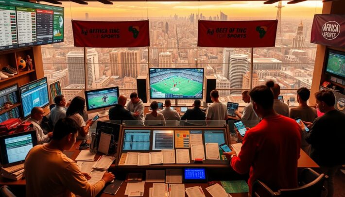 A vibrant, realistic scene showcasing various types of sports bets. In the foreground, a bookmaker's desk displays an array of betting slips, odds boards, and digital displays. Behind it, bettors gather, studying the latest sports news and statistics on their mobile devices. The middle ground features a large screen showcasing live sporting events, surrounded by sports memorabilia and branded banners, including the "Africa Top Sports" logo. In the background, a panoramic view of a bustling city skyline sets the urban atmosphere. Warm lighting and a sense of excitement permeate the scene, capturing the dynamic energy of the sports betting industry.